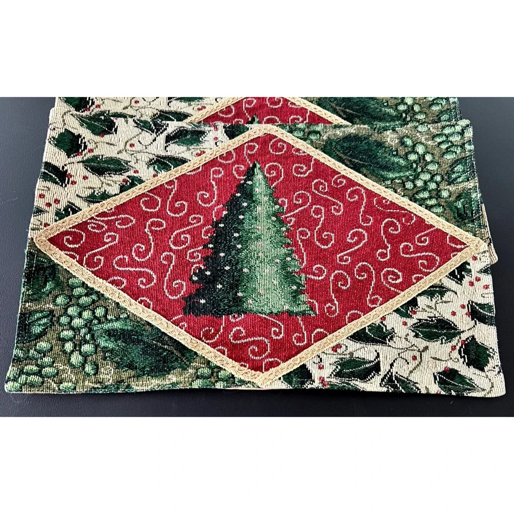 Set of 4 Tapestry Christmas Tree Embroidered Elegant Placemats Gold Backing VTG